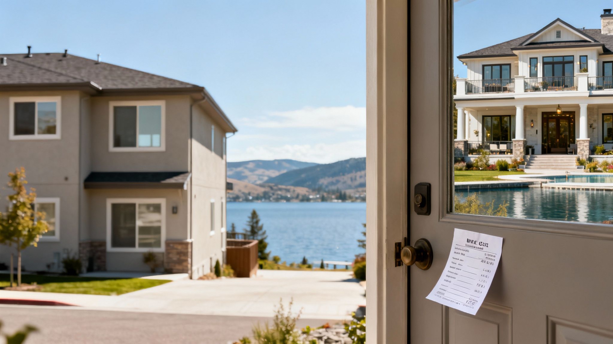 A receipt on an open door reveals a luxurious lakeside home with a pool and mountains.