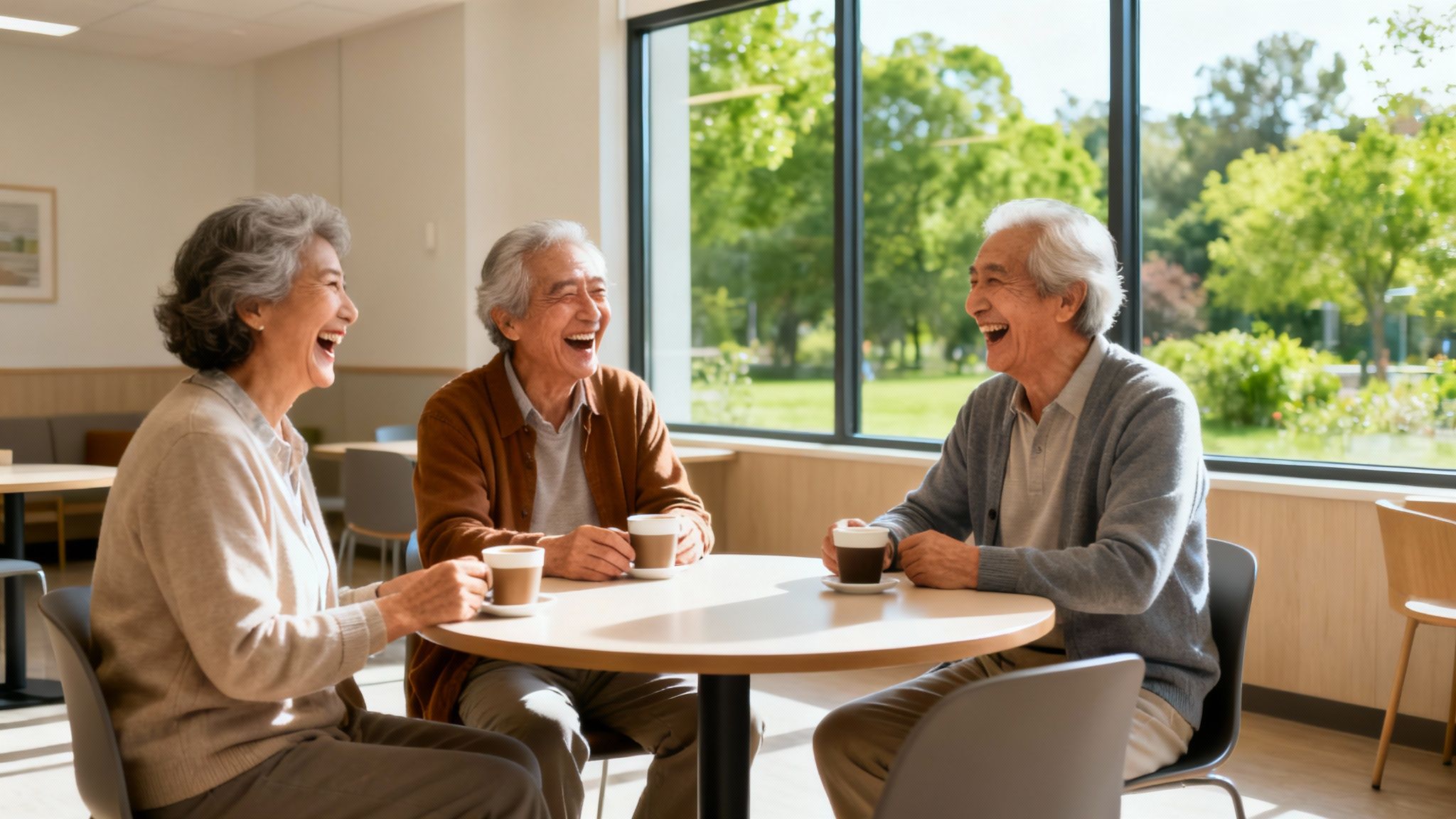 Smiling senior friends enjoy coffee and conversation by a large window overlooking a park.