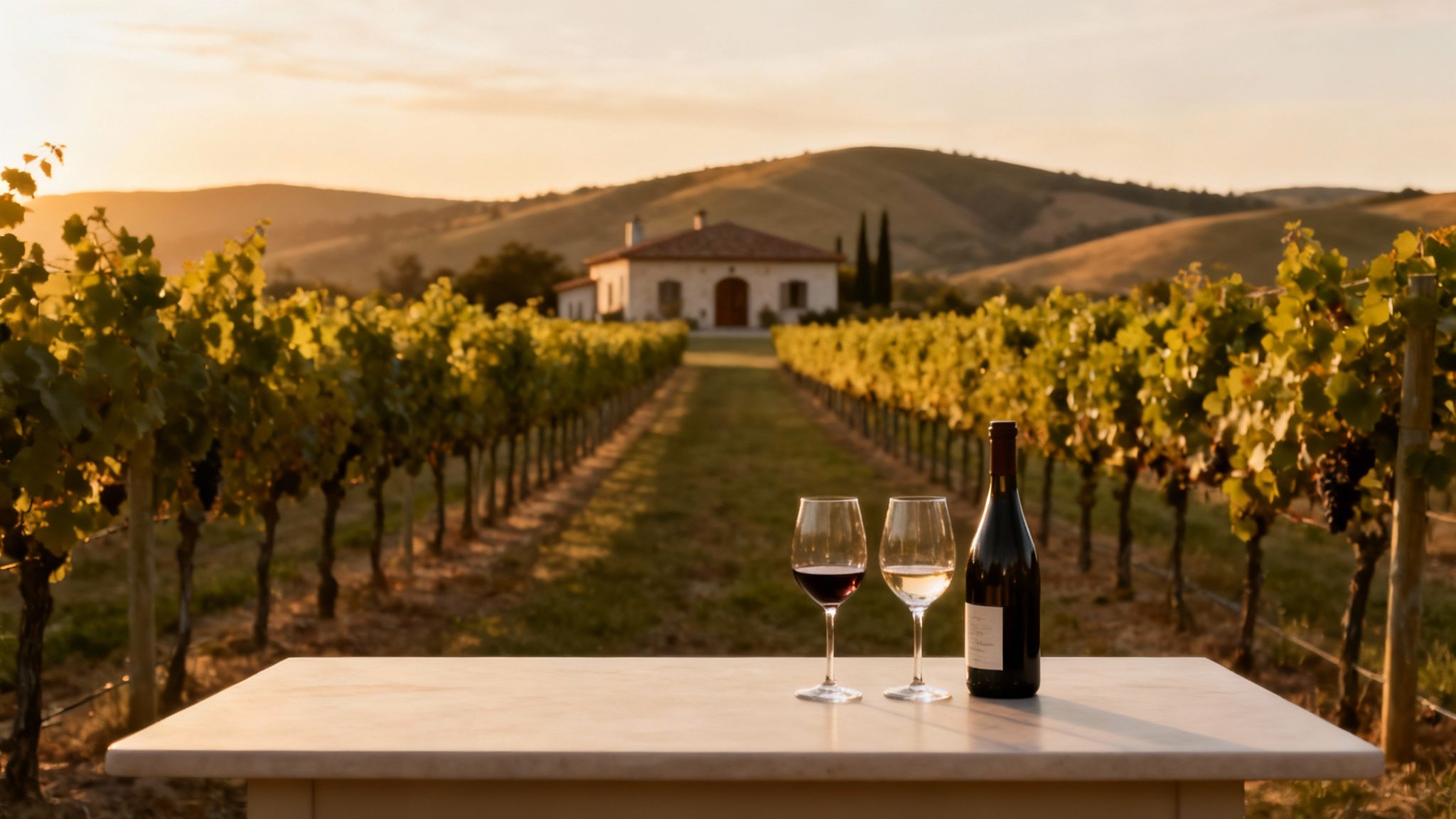 A beautiful vineyard landscape at sunset with a bottle of wine and two glasses on a table.