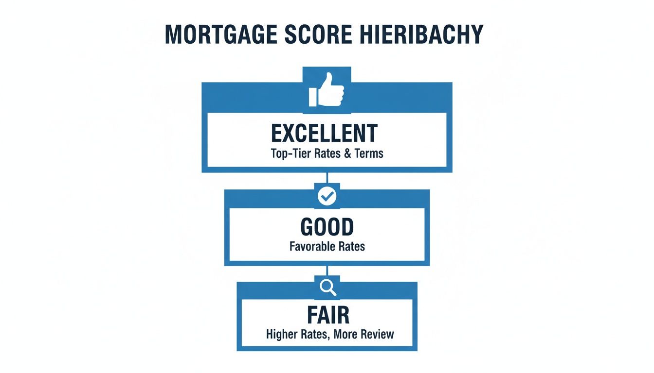 Mortgage score hierarchy showing Excellent, Good, and Fair tiers with descriptions of rates and terms.