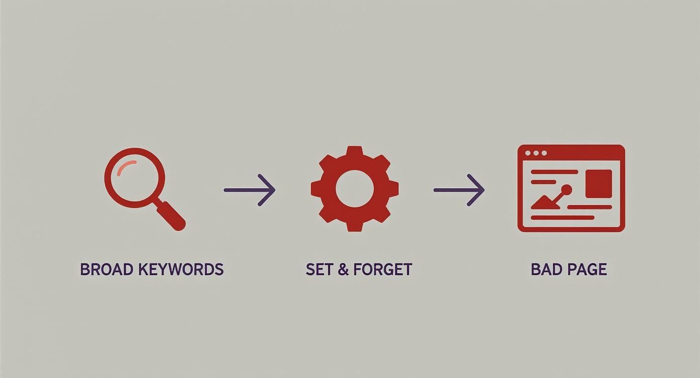 Flowchart illustrating broad keywords and a set-and-forget approach leading to a bad page.