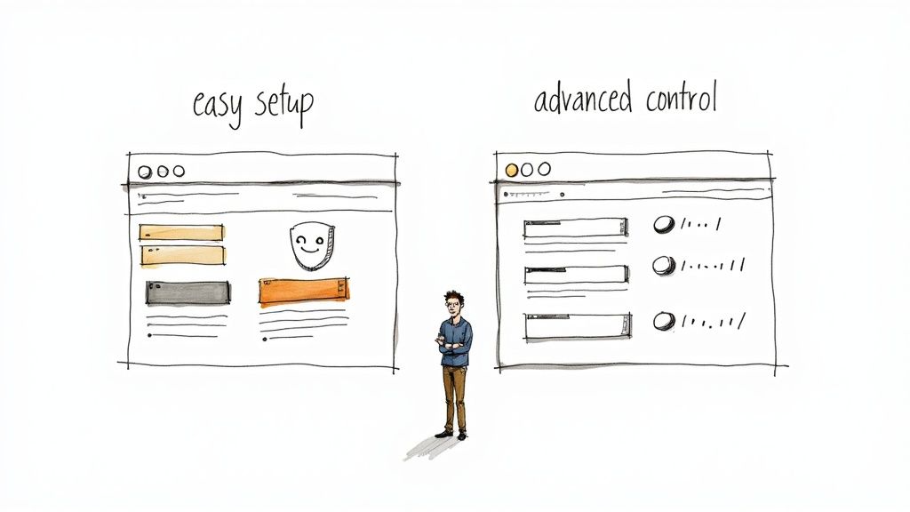 A person stands between two contrasting user interfaces: 'easy setup' and 'advanced control'.