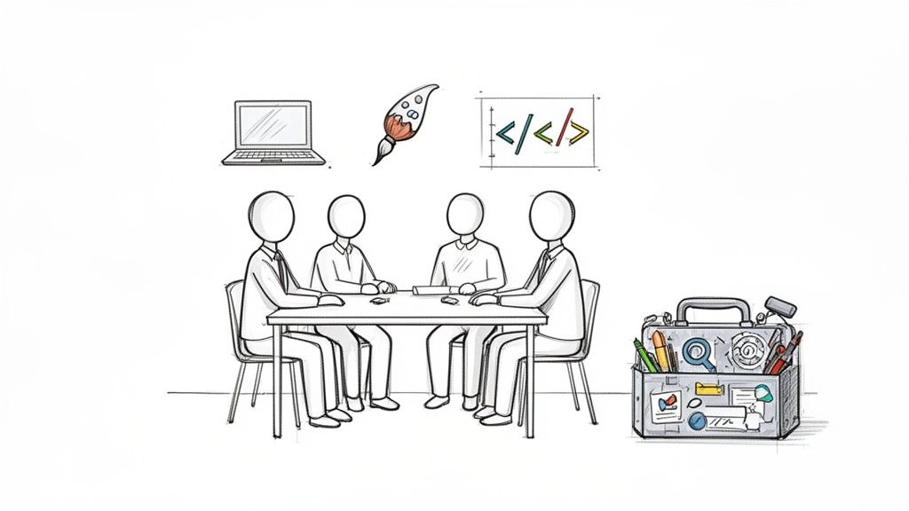 Four people at a table with icons for design, coding, and a toolbox, representing a web design team.