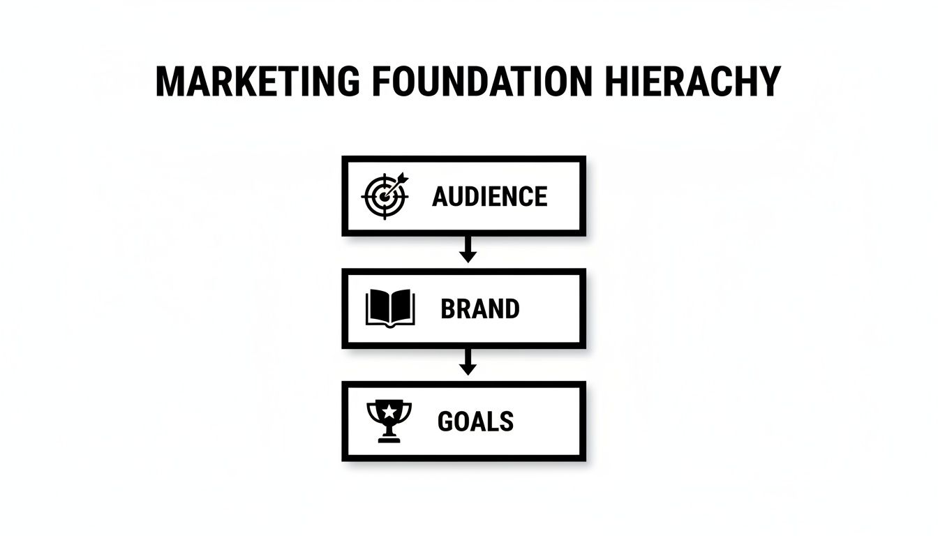 A marketing foundation hierarchy diagram showing Audience, Brand, and Goals as foundational elements.