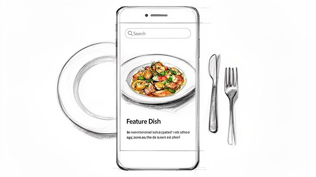 A sketch of a smartphone displaying a food app with a featured dish, plate, knife, and fork.