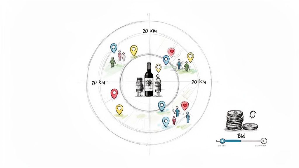 Illustration of a wine bottle and barrels surrounded by location pins and people within a 20 km radius, with a bidding interface.