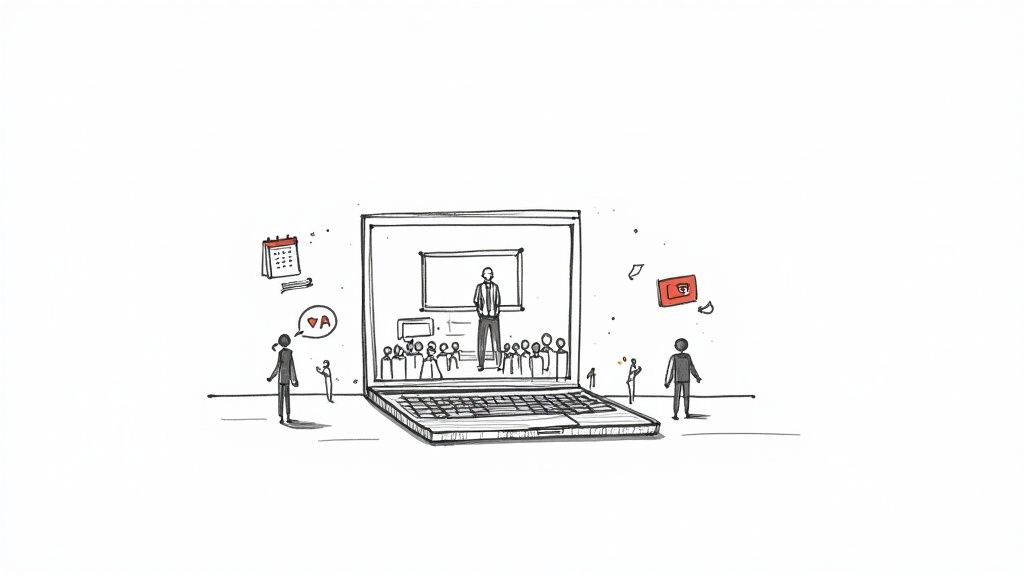 Hand-drawn illustration of a virtual classroom on a laptop screen, surrounded by people and digital elements.