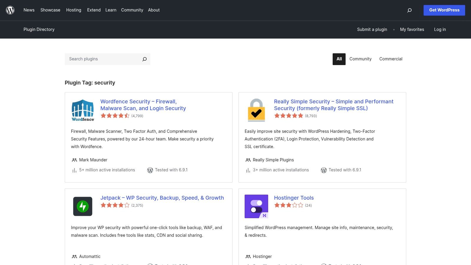 A screenshot of the WordPress.org Plugin Directory's security category, showing a list of various security plugins with their ratings and active installation numbers.