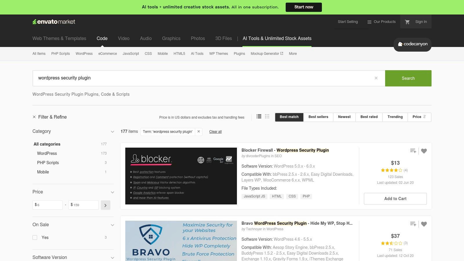 A screenshot of the CodeCanyon marketplace showing a variety of WordPress security plugins available for purchase.
