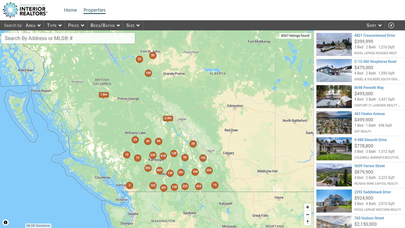 A map view of MLS Kelowna new listings on the Association of Interior REALTORS website.