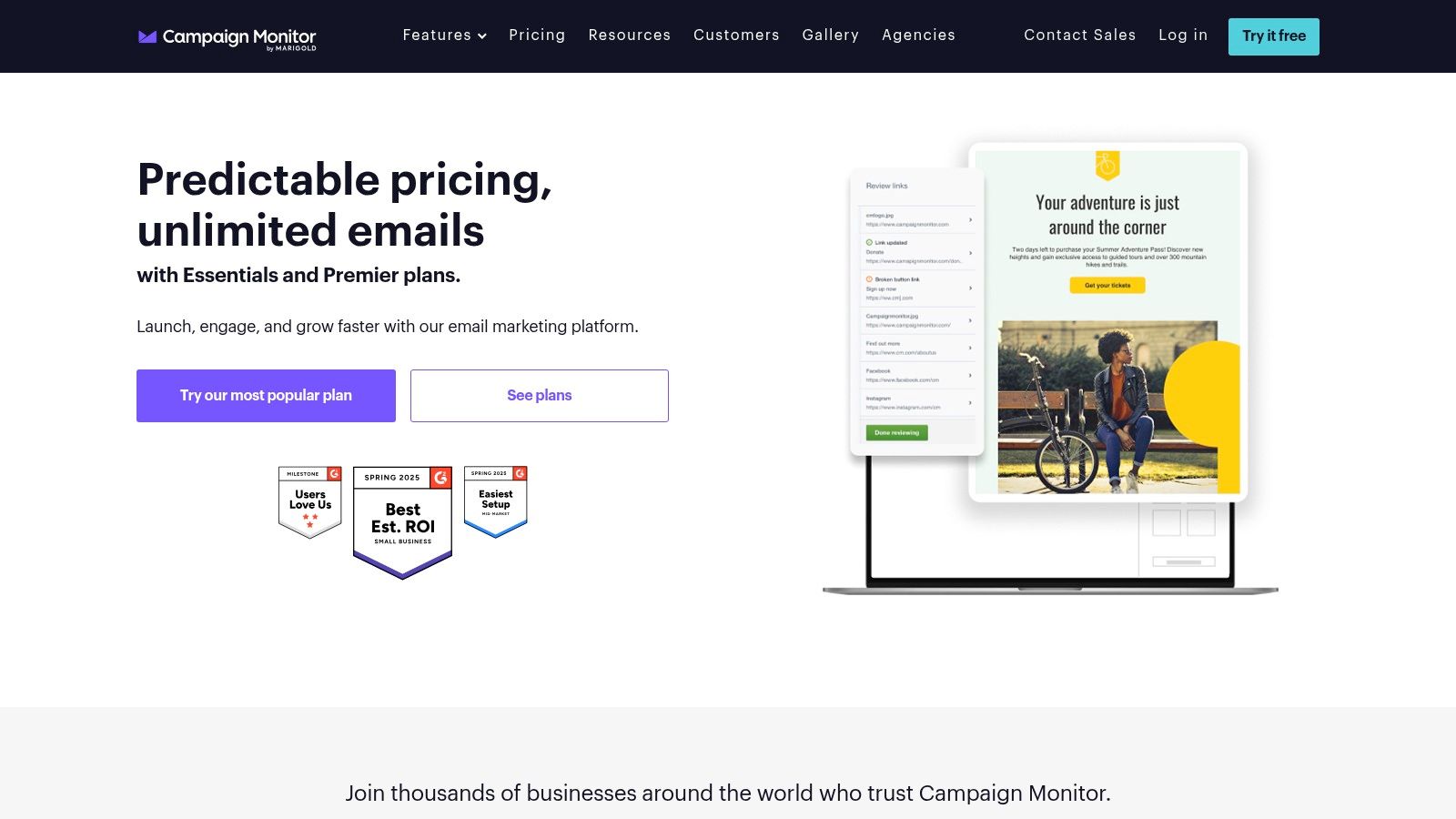 Campaign Monitor dashboard showing email campaign creation and template options.