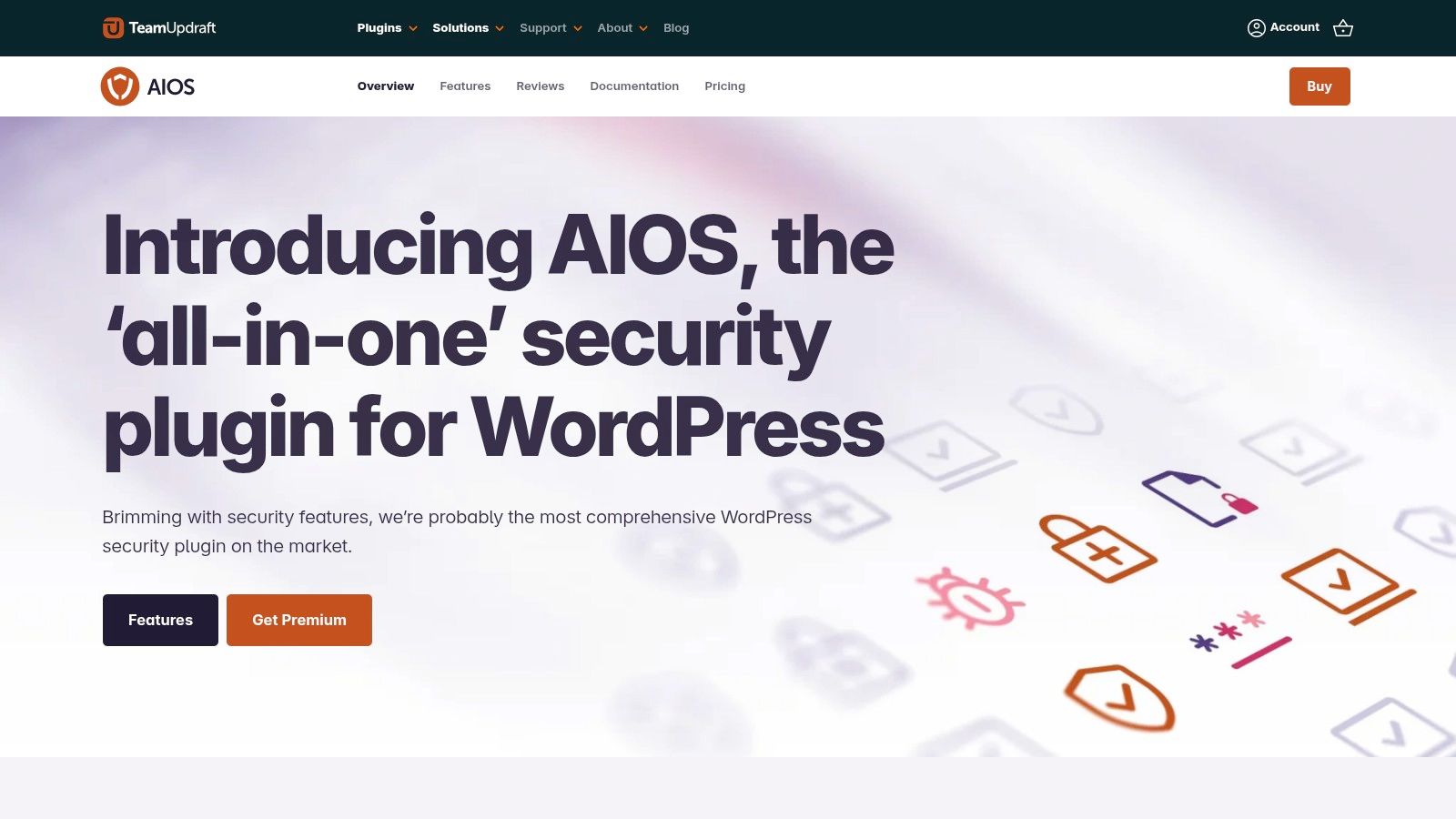 A dashboard view of the All-In-One Security (AIOS) plugin, showing security strength meters and various feature panels like login security and firewall settings.