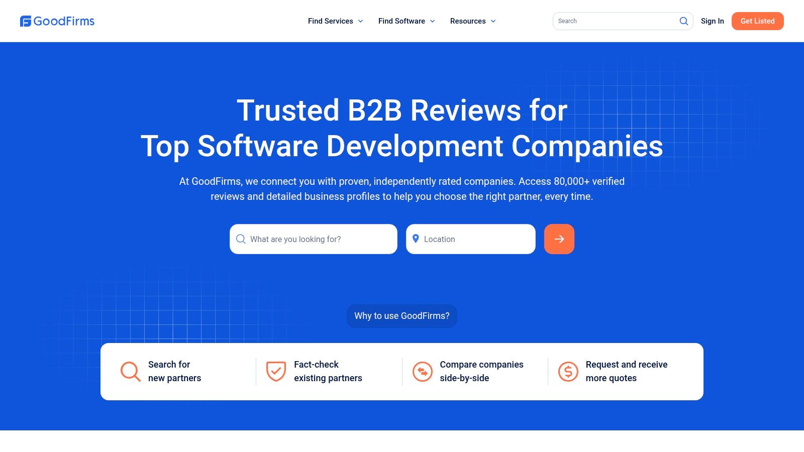 A screenshot of the GoodFirms website, showing its clean interface and focus on research-backed company listings.