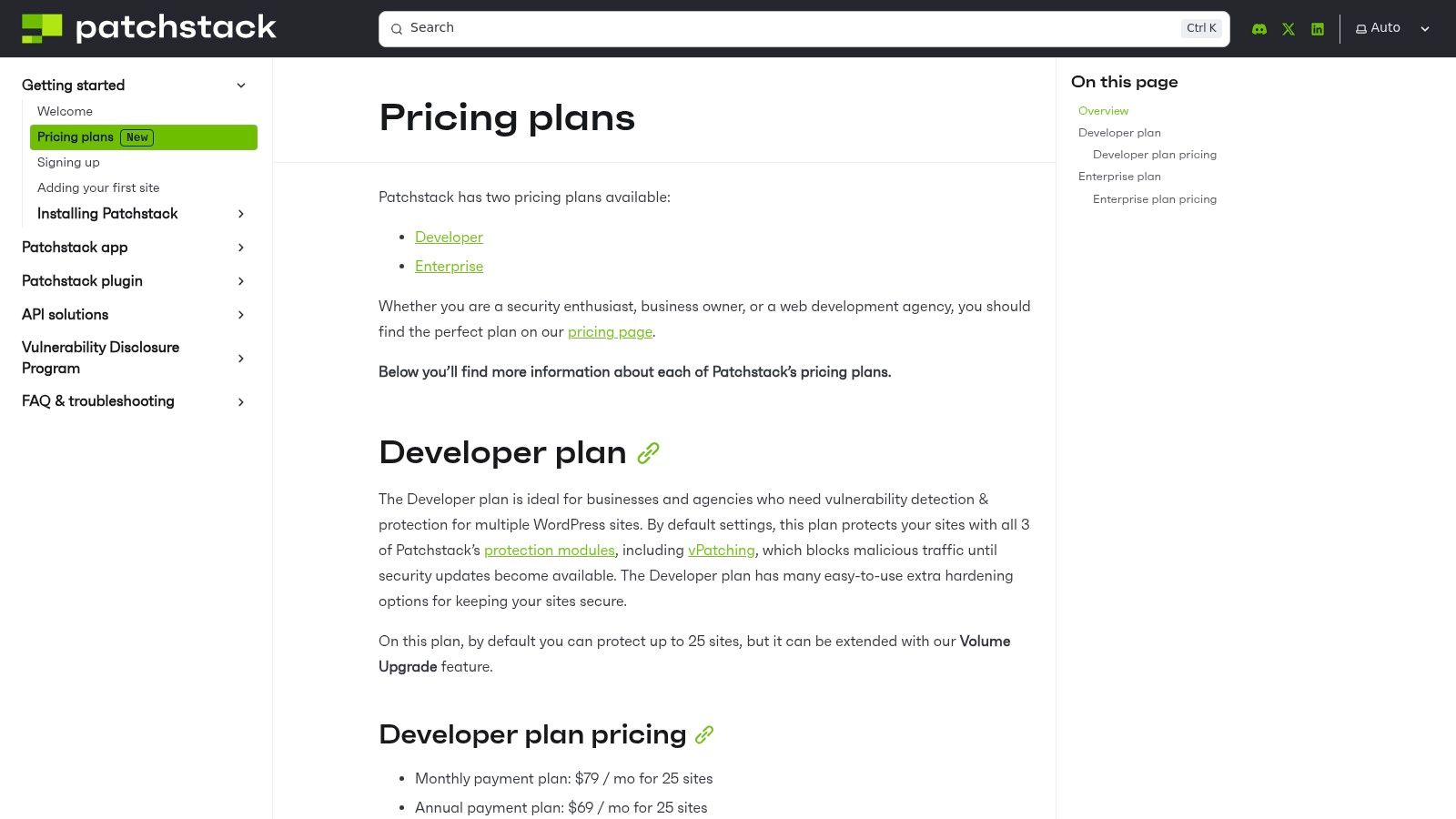A screenshot of the Patchstack pricing plans, showing different tiers for developers and businesses.