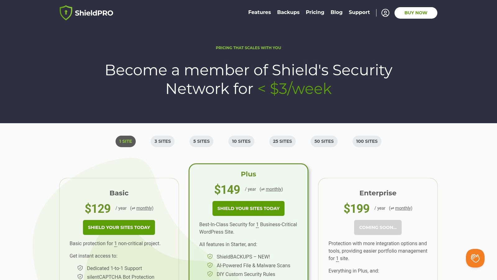 A screenshot showing the pricing plans for Shield Security, with tiers for different user needs.
