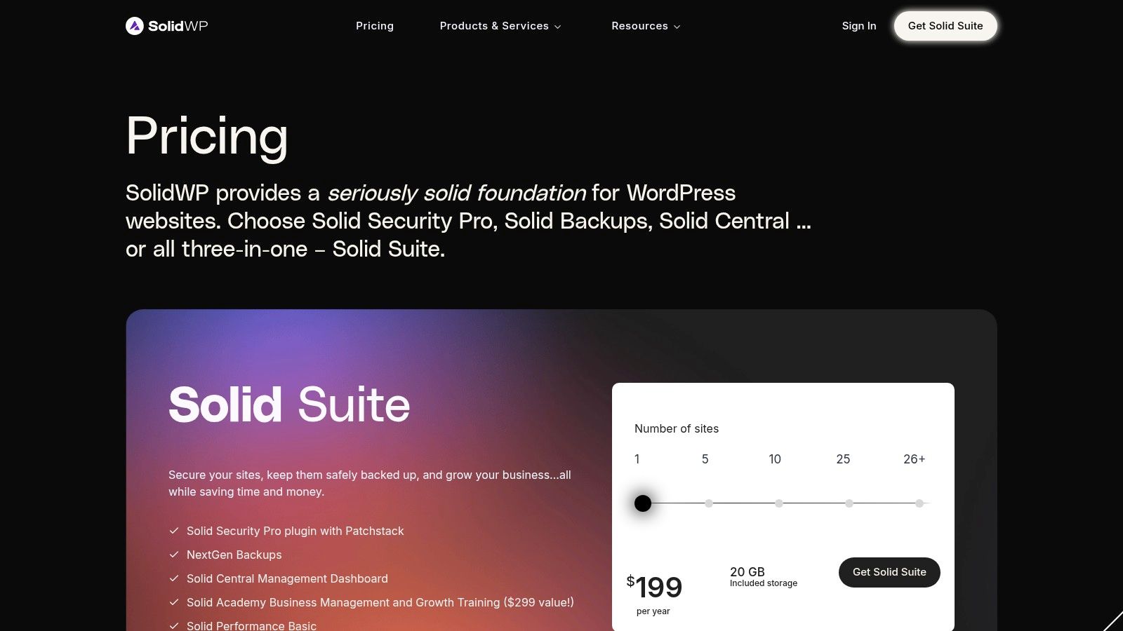 A screenshot of the SolidWP website showing the pricing tiers for the Solid Suite, which includes Solid Security, Solid Backups, and Solid Central.