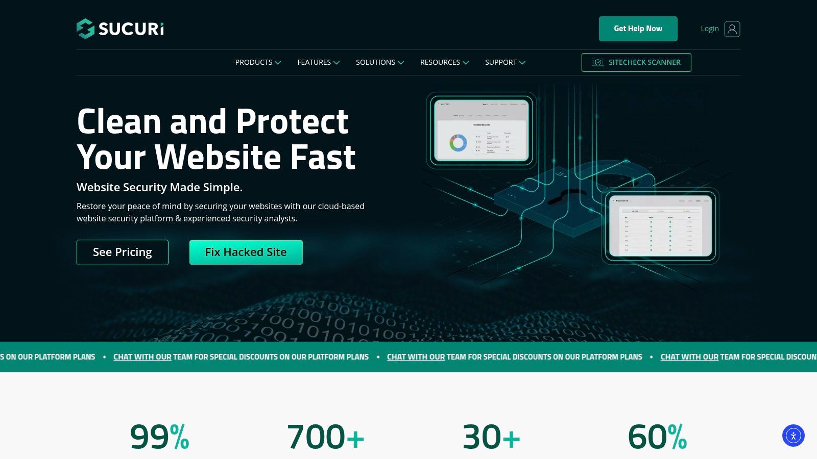 A screenshot of the Sucuri website's main dashboard, showing security monitoring, firewall activity, and performance metrics in a clean, user-friendly interface.