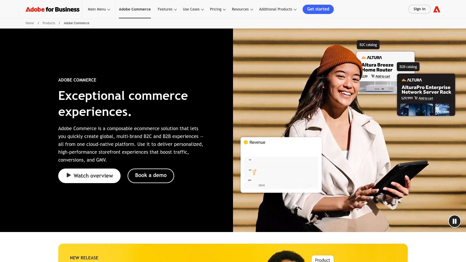 Adobe Commerce (Magento) dashboard showing advanced product management features.
