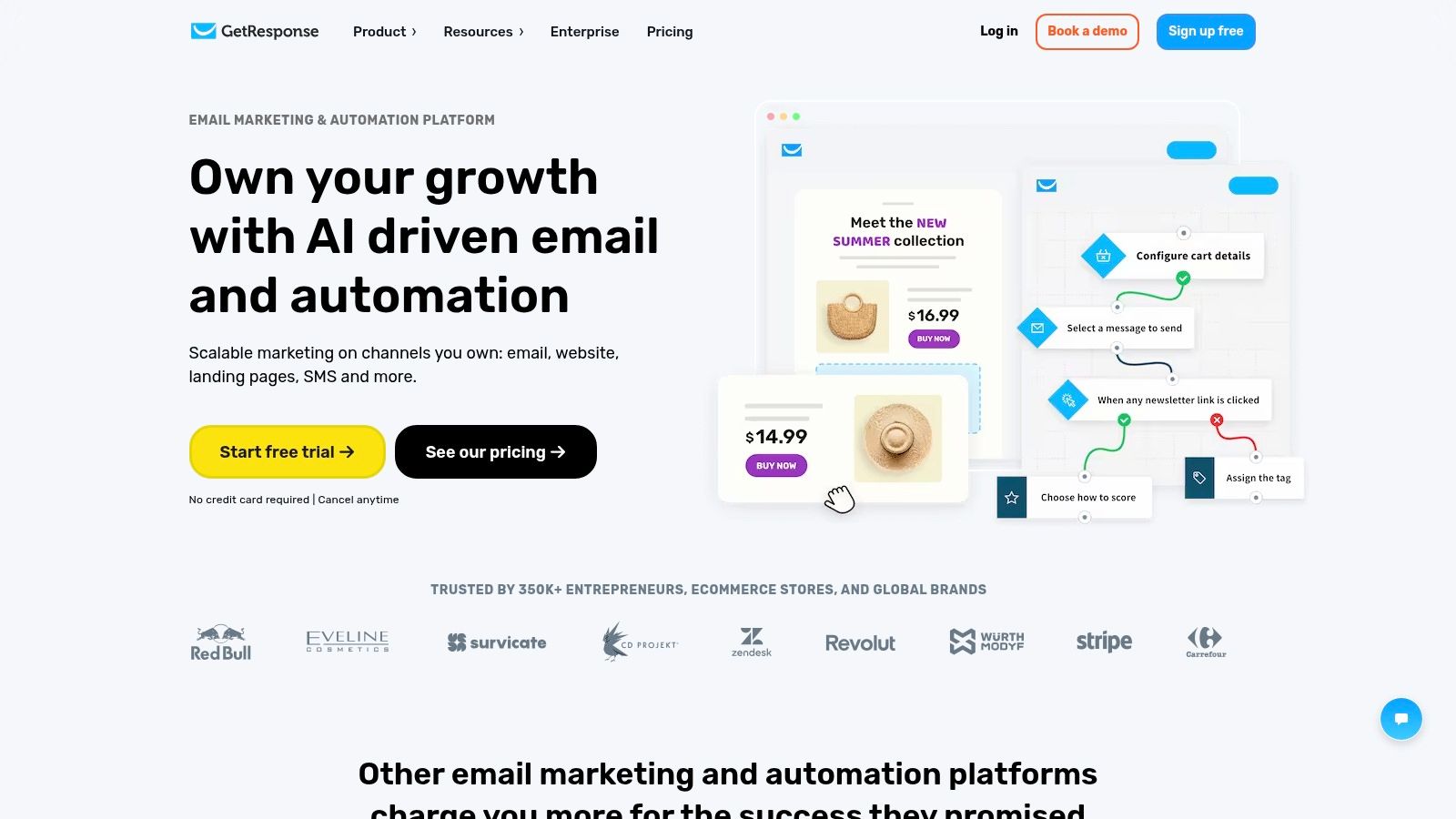 GetResponse dashboard showing email analytics and campaign performance metrics.