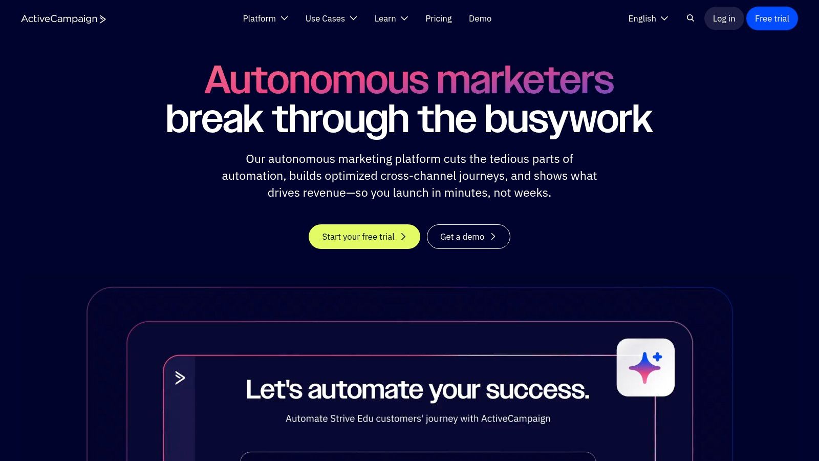 ActiveCampaign automation builder showing a visual workflow with triggers and actions.