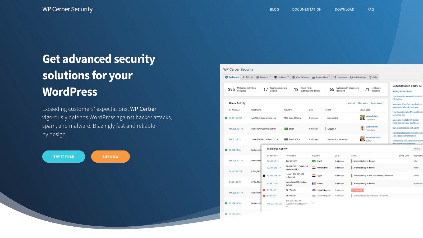 The WP Cerber security dashboard, showing various security metrics and settings.