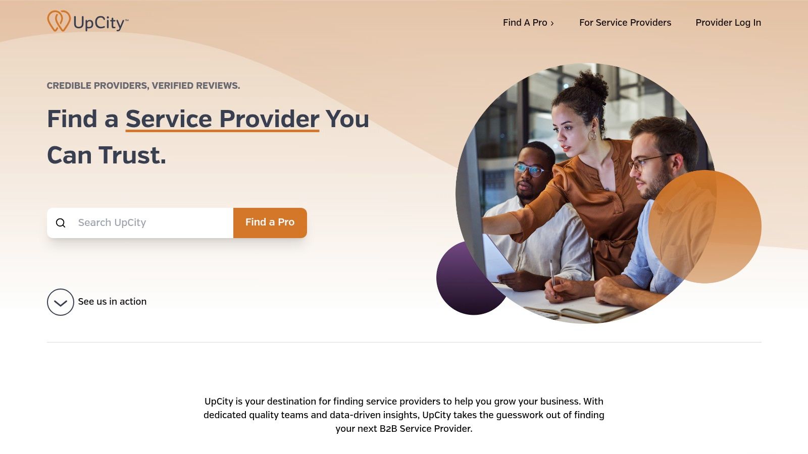 A screenshot of the UpCity website, showcasing its search functionality and lists of top service providers in various categories.