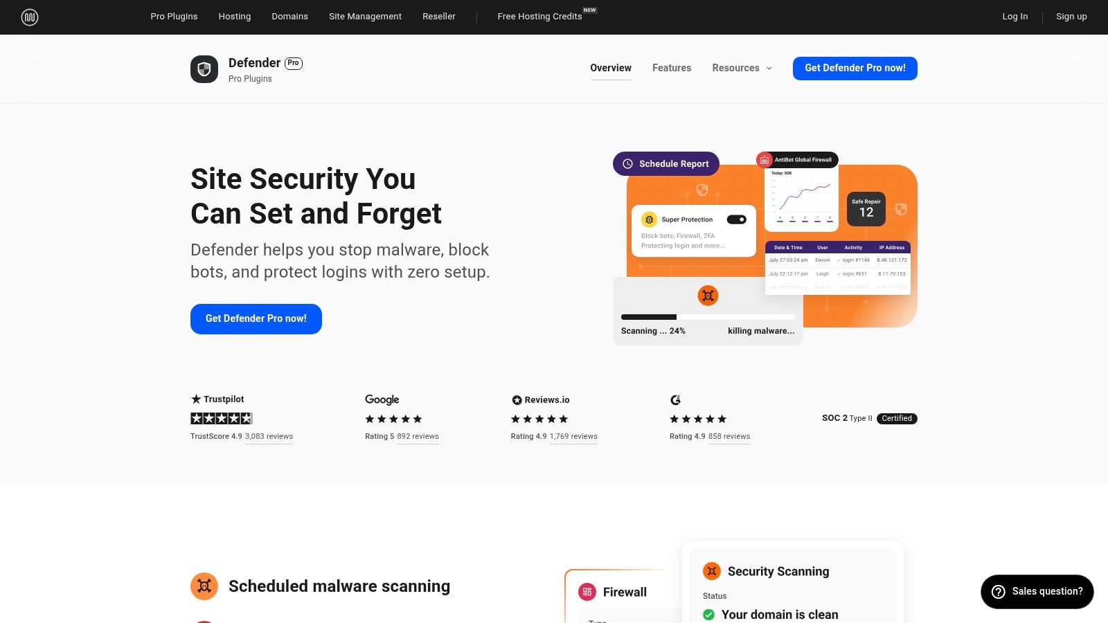 A dashboard view of WPMU DEV – Defender Pro, highlighting its security features and user-friendly interface.