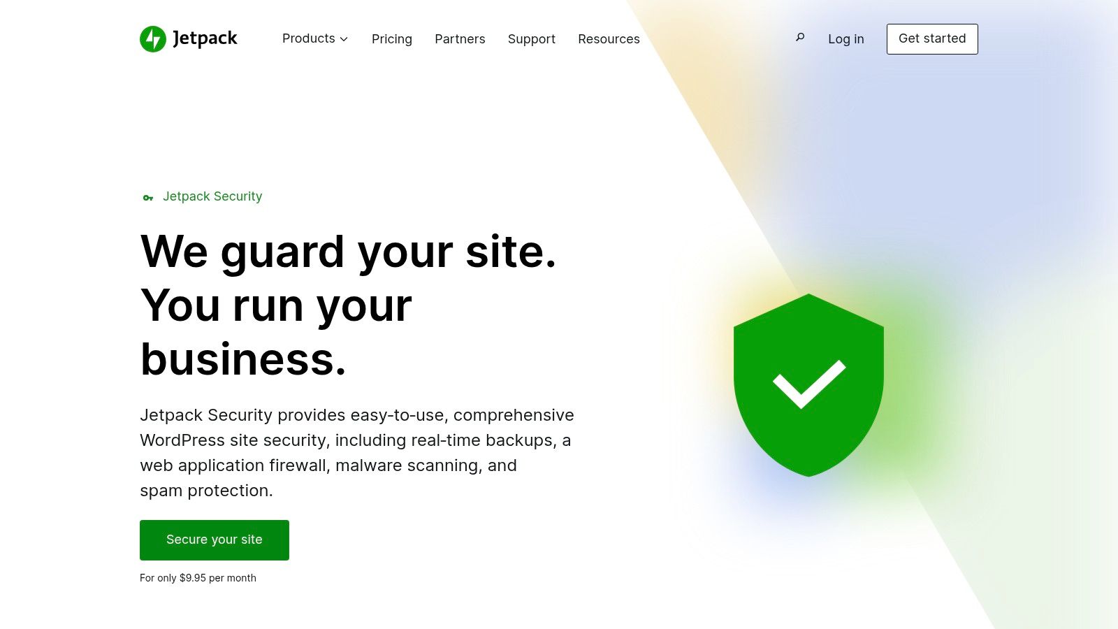 A screenshot of the Jetpack Security dashboard, showing features like real-time backups, malware scanning, and brute force attack protection.