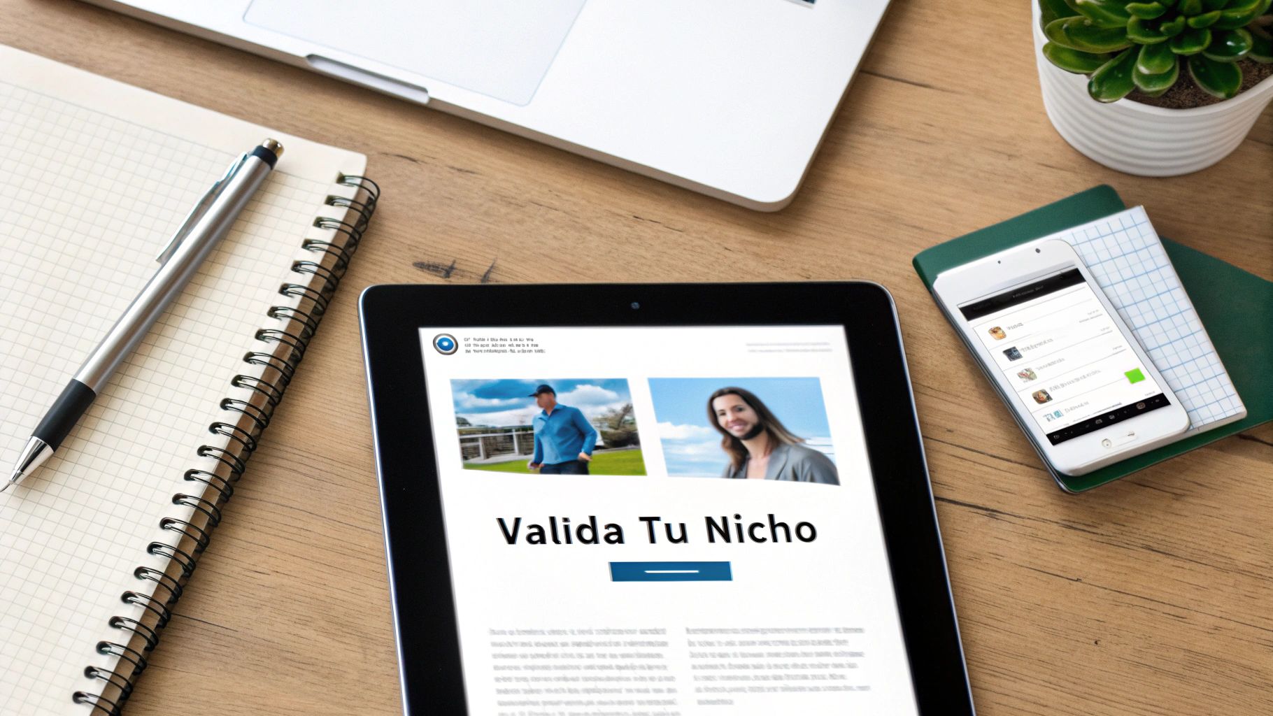 Escritorio de madera con laptop, cuaderno, bolígrafo, tablet mostrando página web y teléfono.