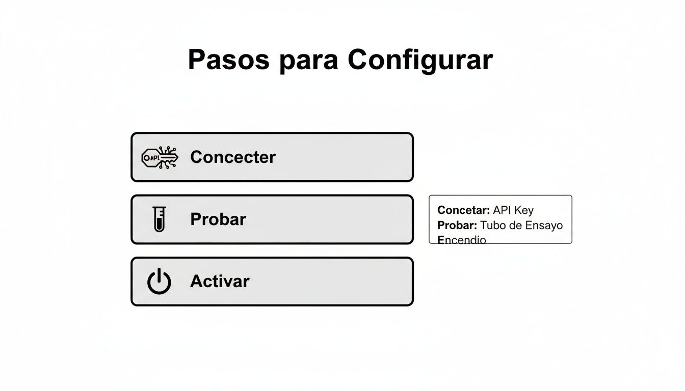 Diagrama de flujo con tres pasos para configurar un sistema: Conectar, Probar y Activar.