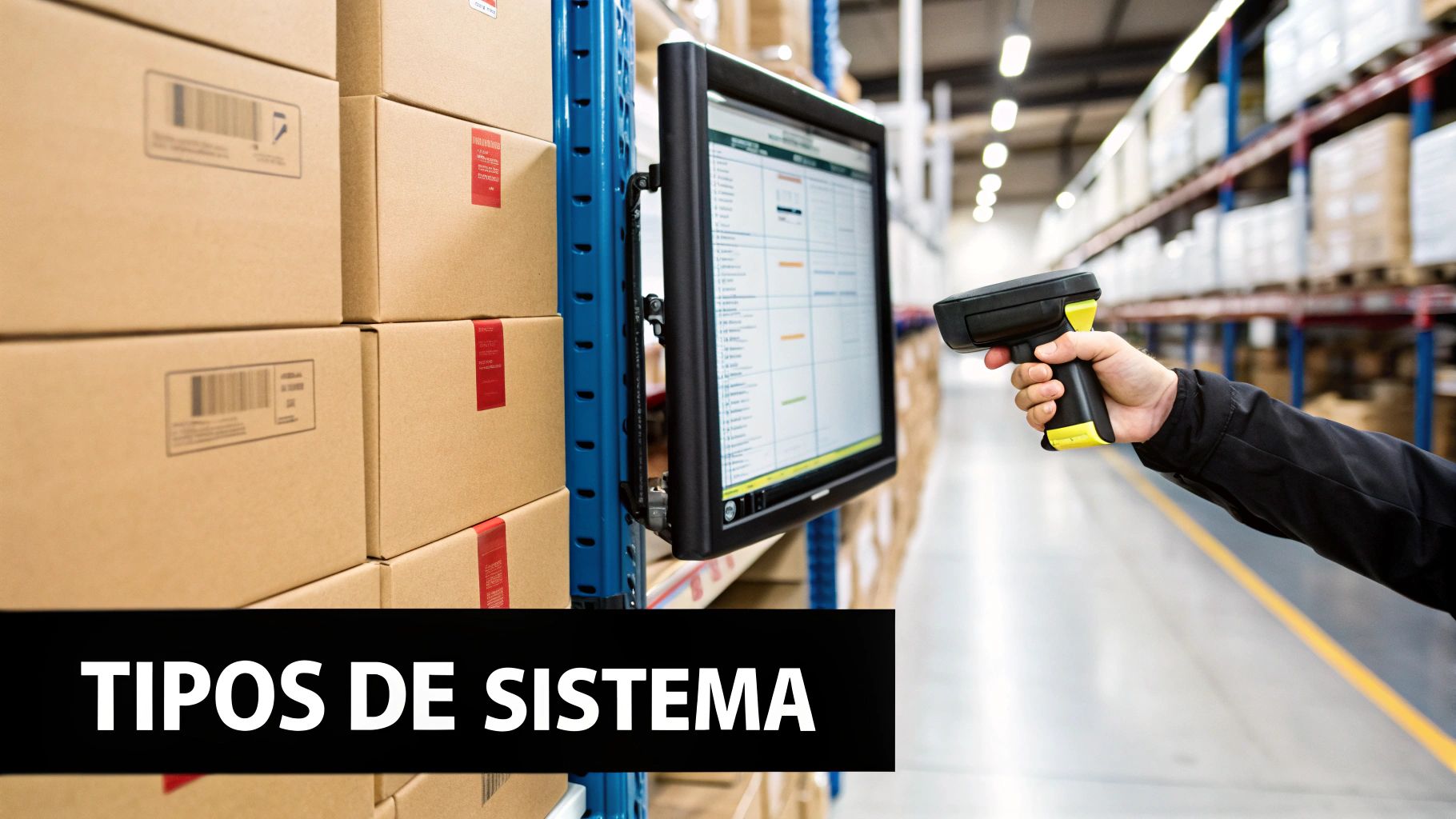 Persona usando escáner de códigos de barras y monitor en un almacén para gestión de inventario.
