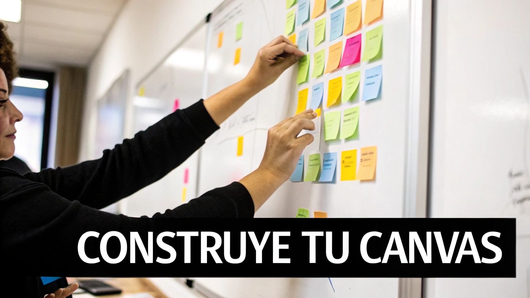 Mujer colocando notas adhesivas de colores en un lienzo blanco para planificar estrategias.