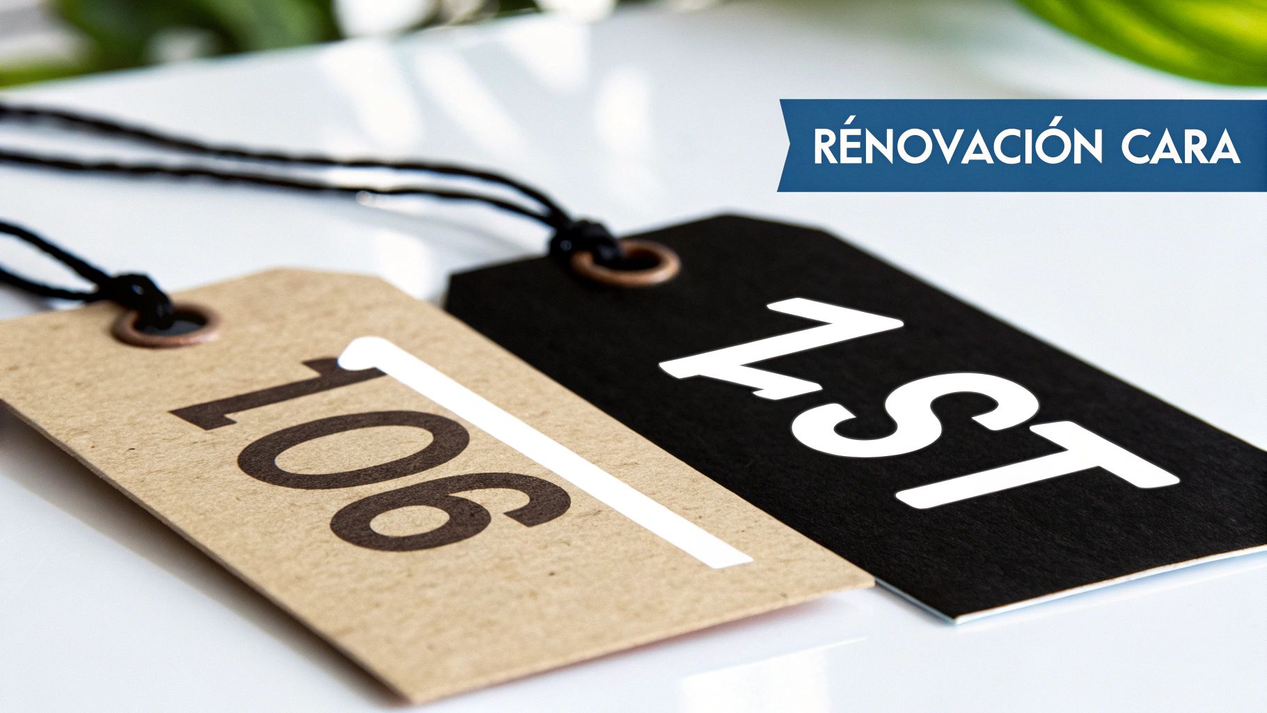 Dos etiquetas de producto, una marrón con "106" y otra negra con "1ST", junto al texto "Renovación Cara".