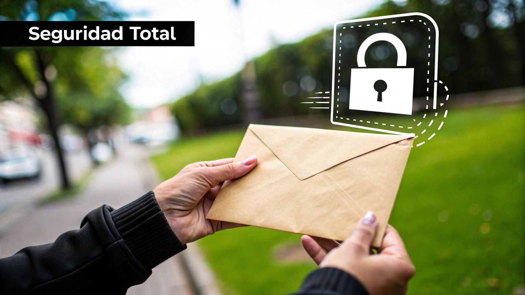 Manos sosteniendo un sobre con un icono de candado digital, simbolizando seguridad total y protección de información.