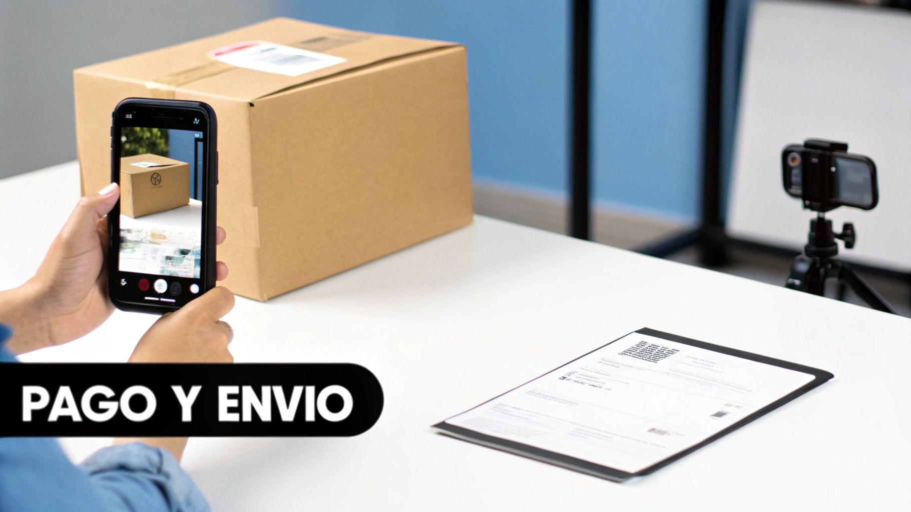 Manos sosteniendo un smartphone fotografiando una caja de envío, con documentos y un trípode en un estudio.