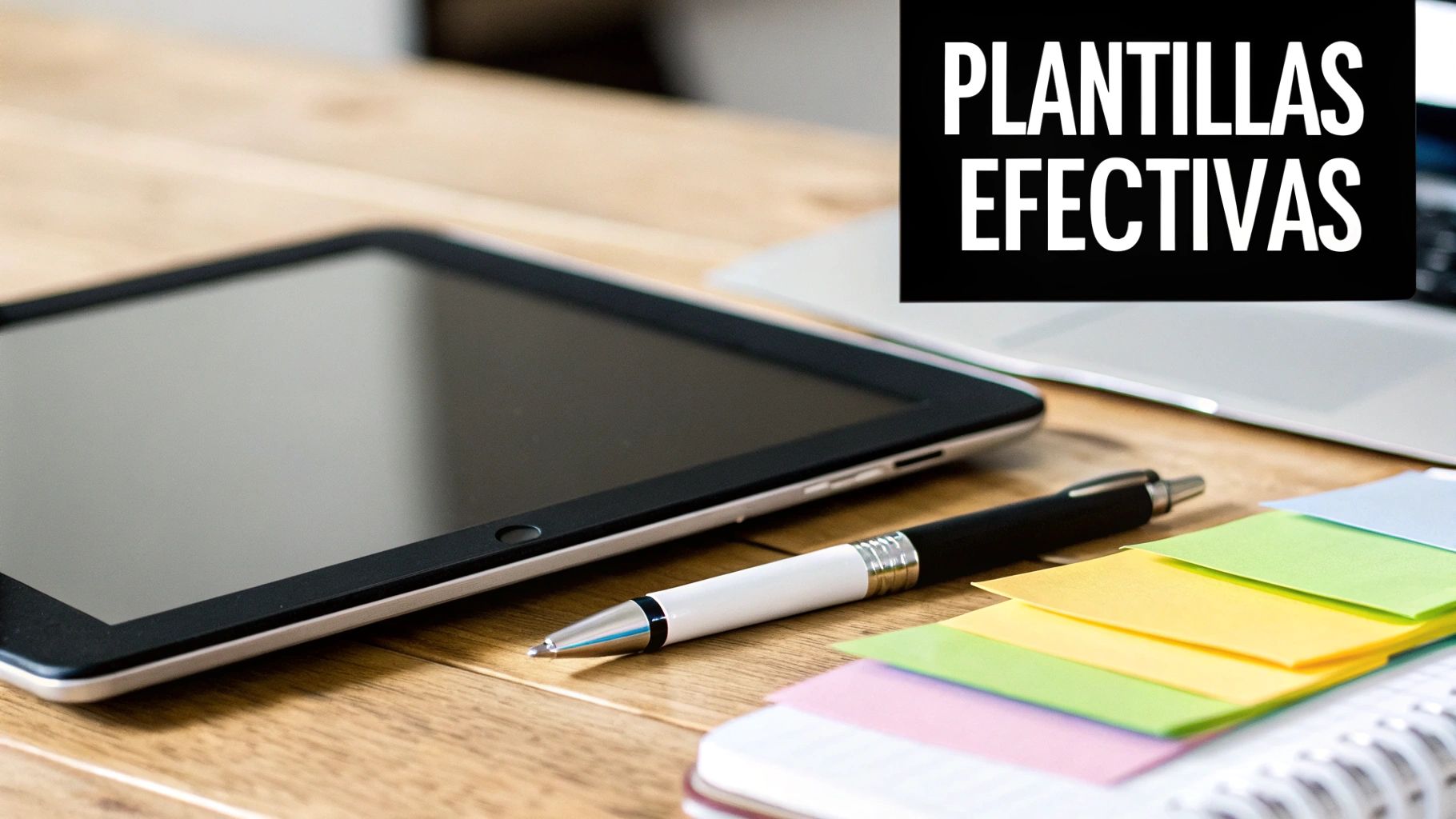 Una tableta digital, bolígrafo, notas adhesivas y laptop sobre un escritorio de madera con texto PLANTILLAS EFECTIVAS.