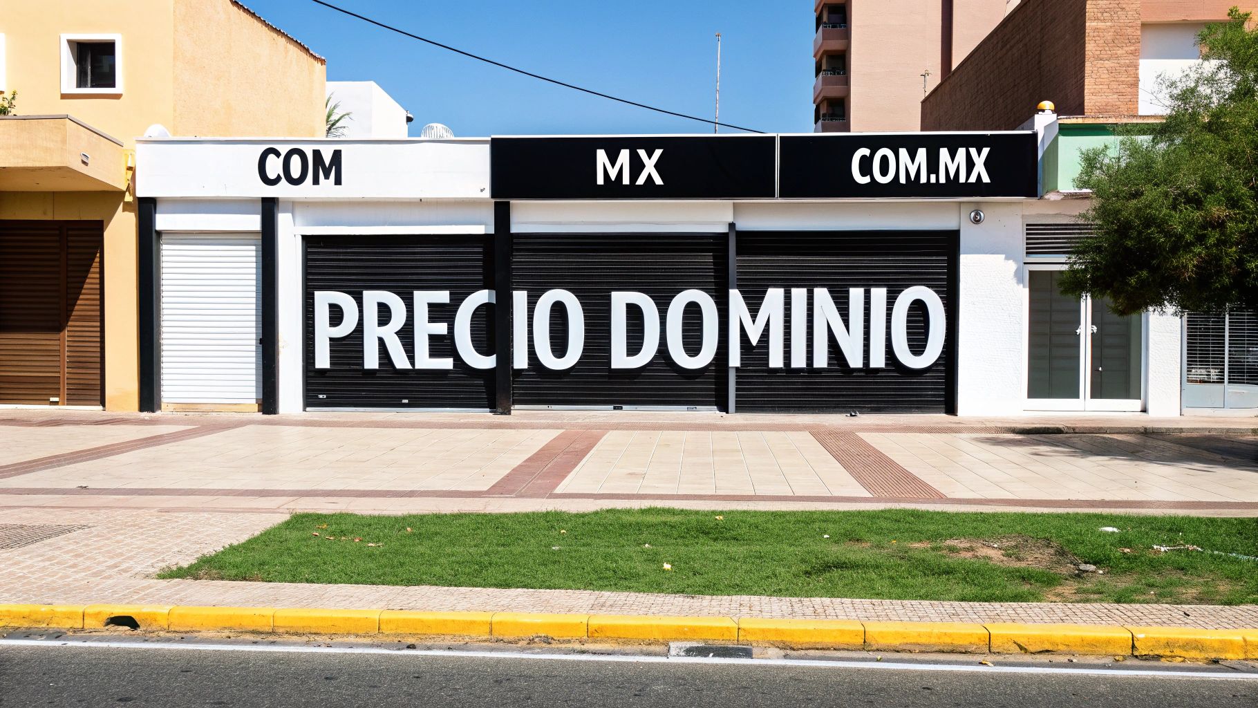 Tienda con persianas negras y letras blancas 'PRECIO DOMINIO', anunciando dominios .COM, .MX, .COM.MX.