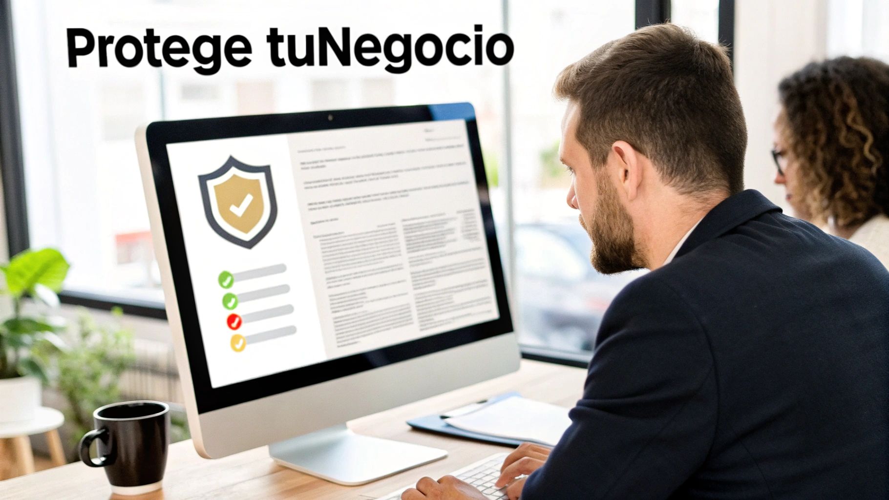 Hombre trabajando en un monitor que muestra un escudo de seguridad y listas de verificación. Otro colega en el fondo.