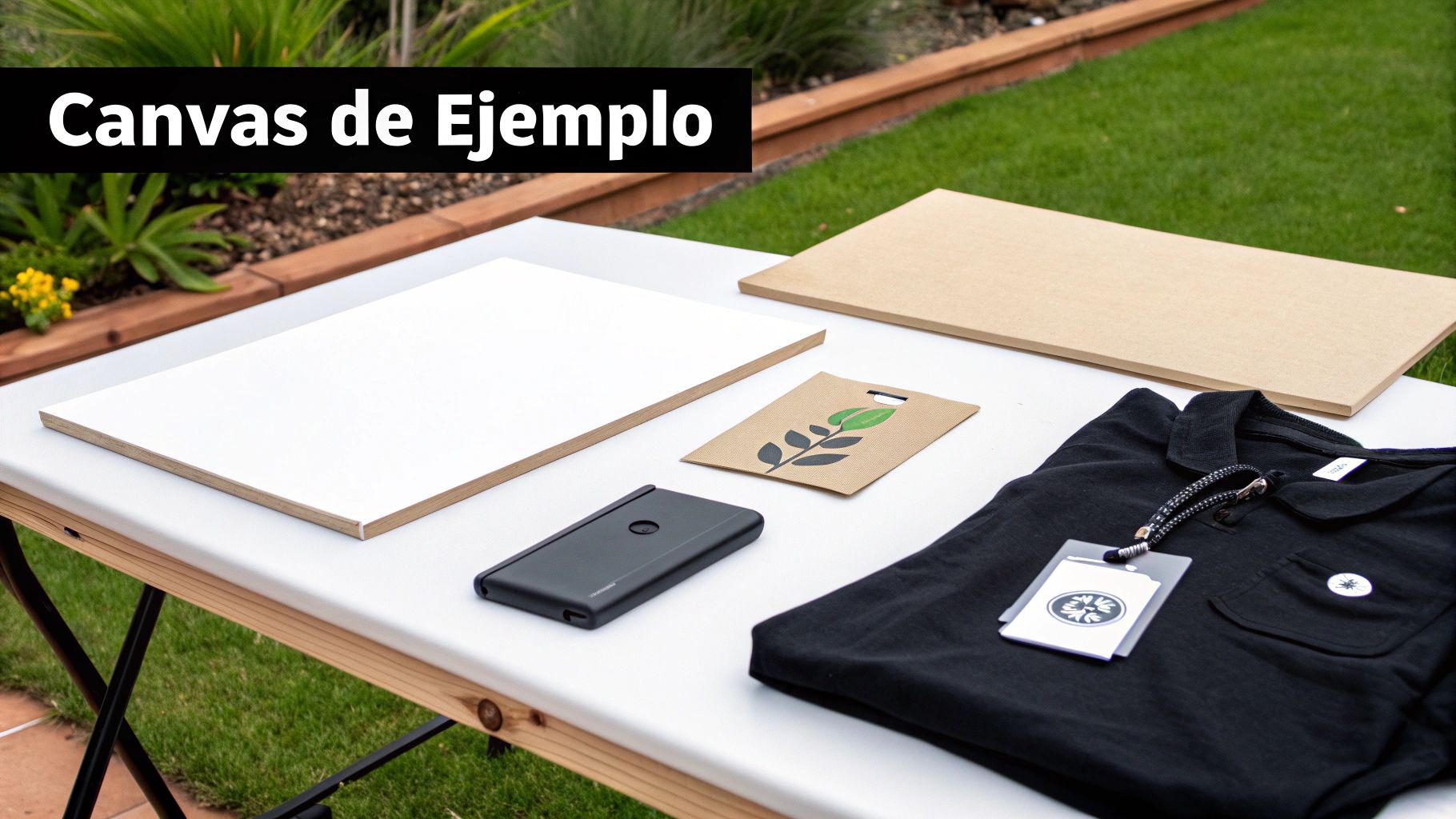 Mesa con artículos para branding: lienzo blanco, cargador, bolsa y polo negro con etiqueta, sobre césped.