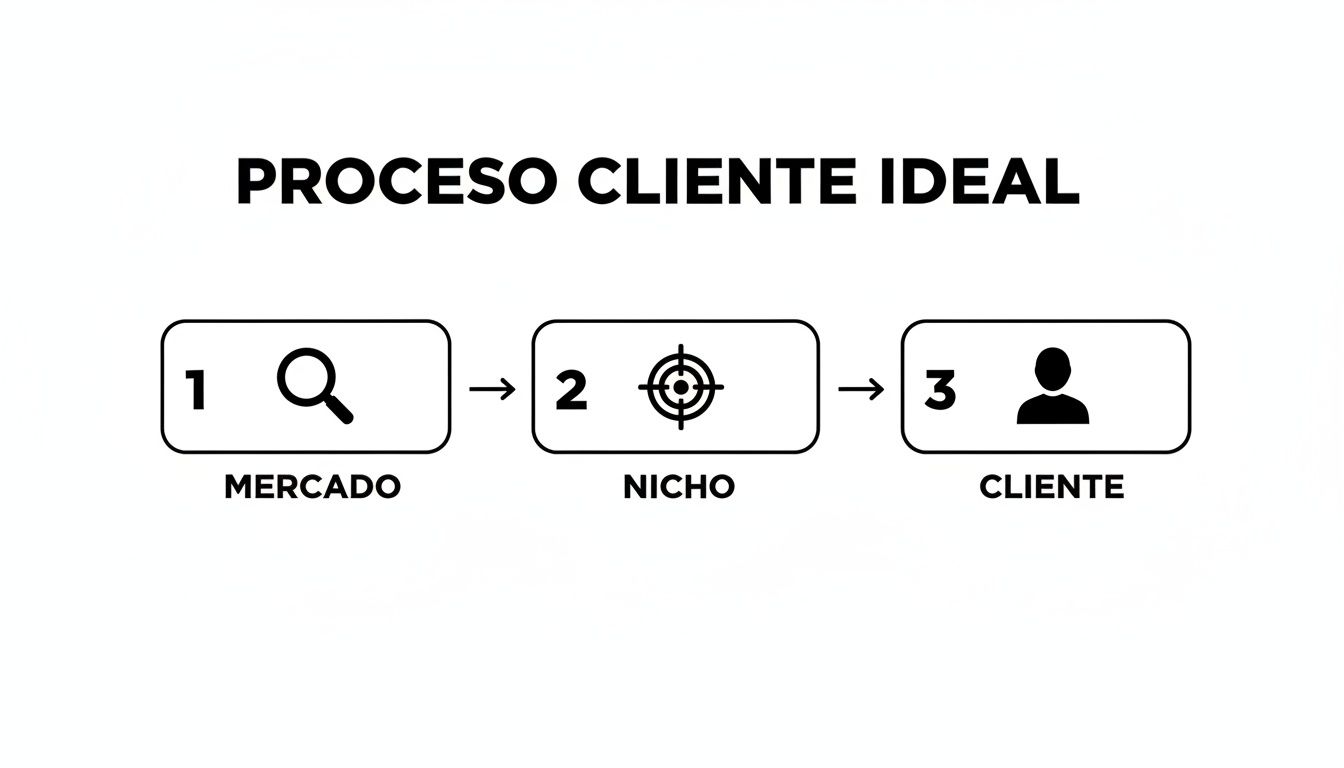 Diagrama de tres pasos: mercado (lupa), nicho (objetivo), cliente (persona). Proceso de cliente ideal.
