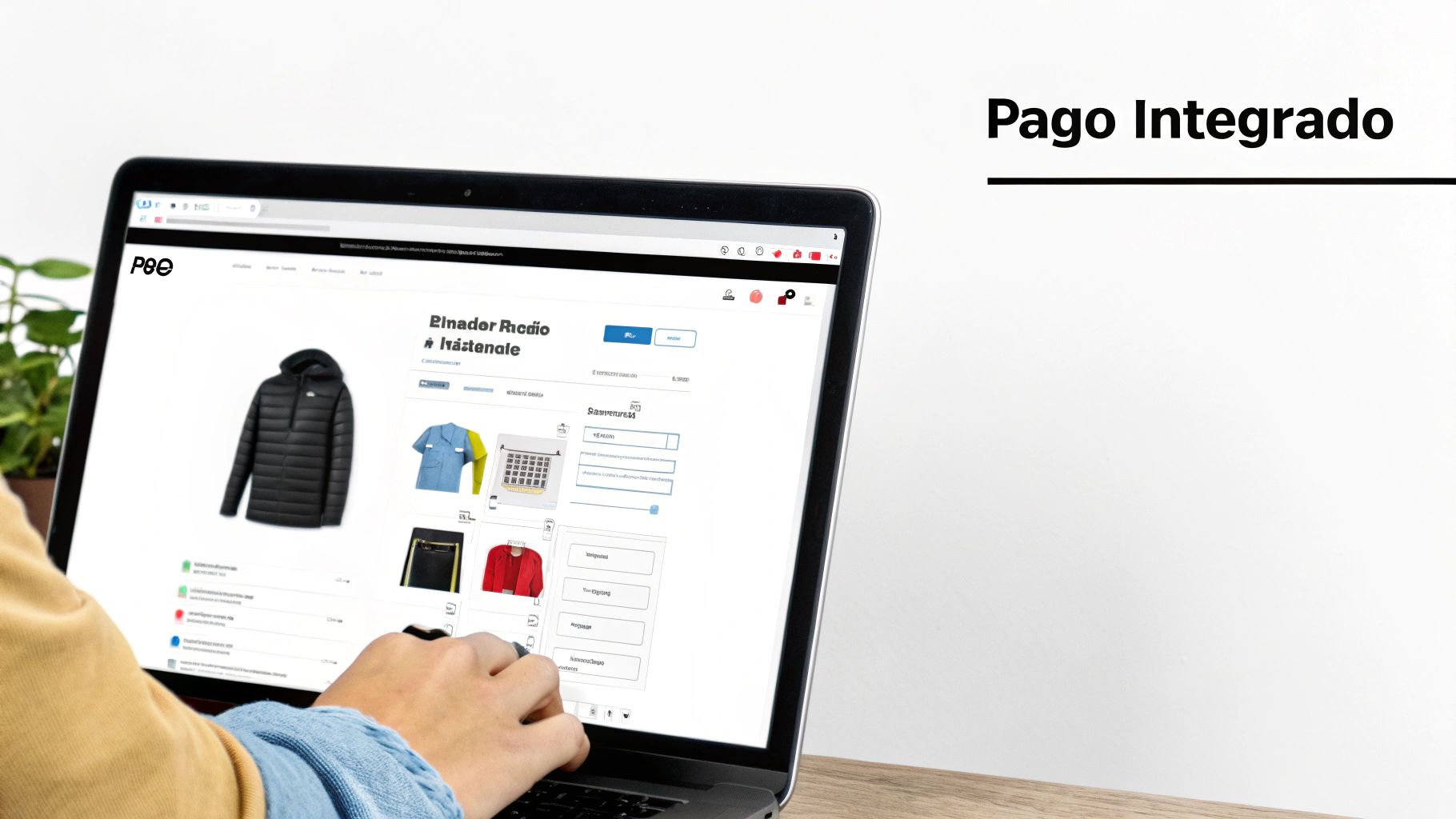 Persona navegando un sitio web de comercio electrónico en una laptop, viendo ropa y un pago integrado.