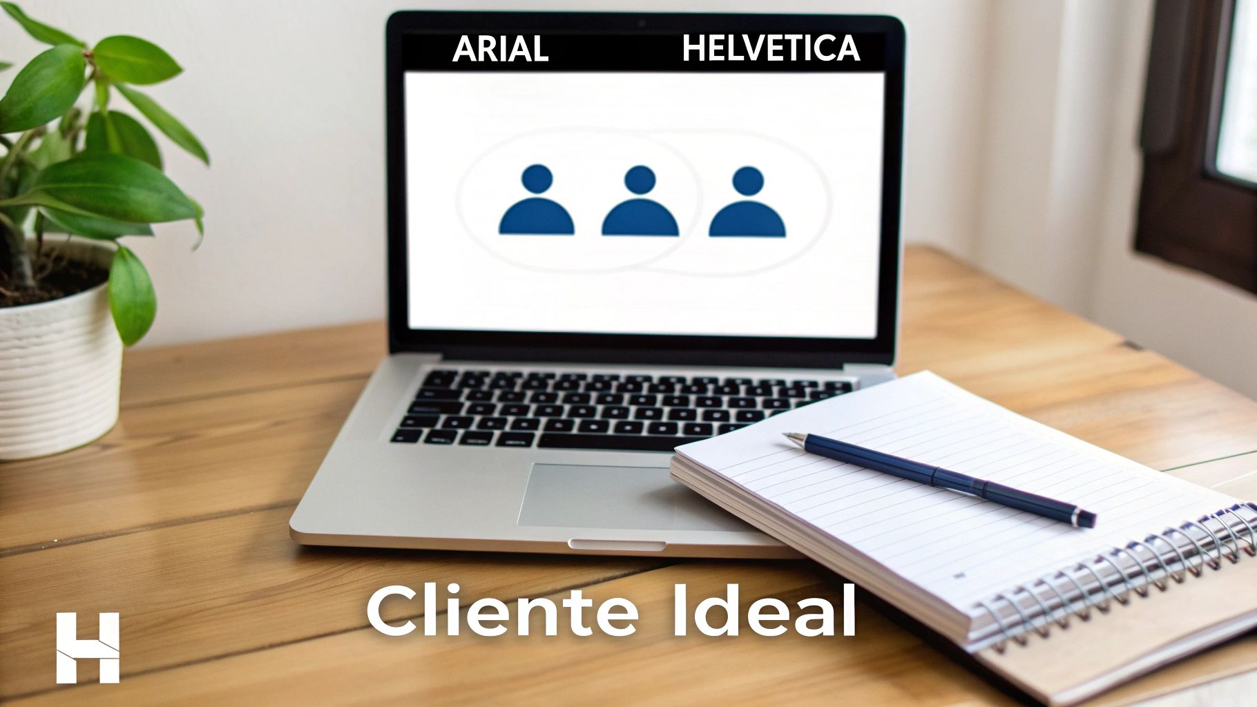 Laptop en un escritorio de madera con pantalla mostrando 'Arial' y 'Helvetica' junto a iconos de personas. Abajo dice 'Cliente Ideal'.