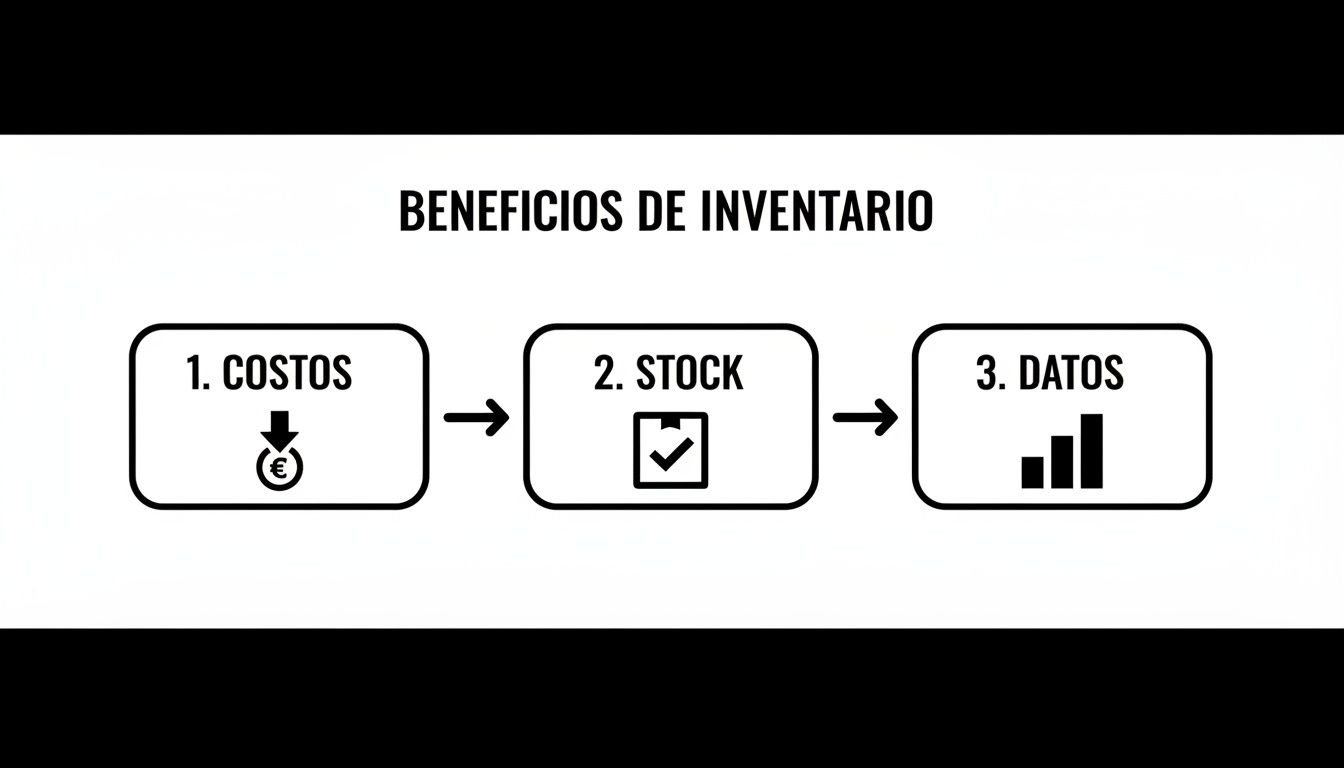 Diagrama que ilustra los beneficios del inventario: reducción de costos, stock optimizado y mejor análisis de datos.