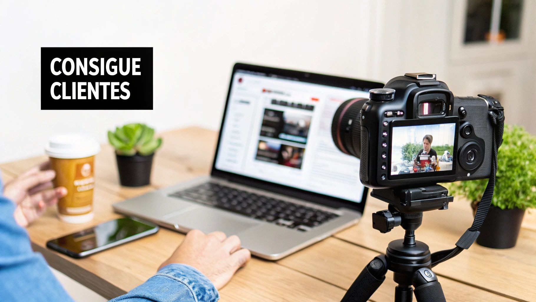 Persona grabando un video con cámara y laptop en un escritorio de madera, con el mensaje 'Consigue Clientes'.