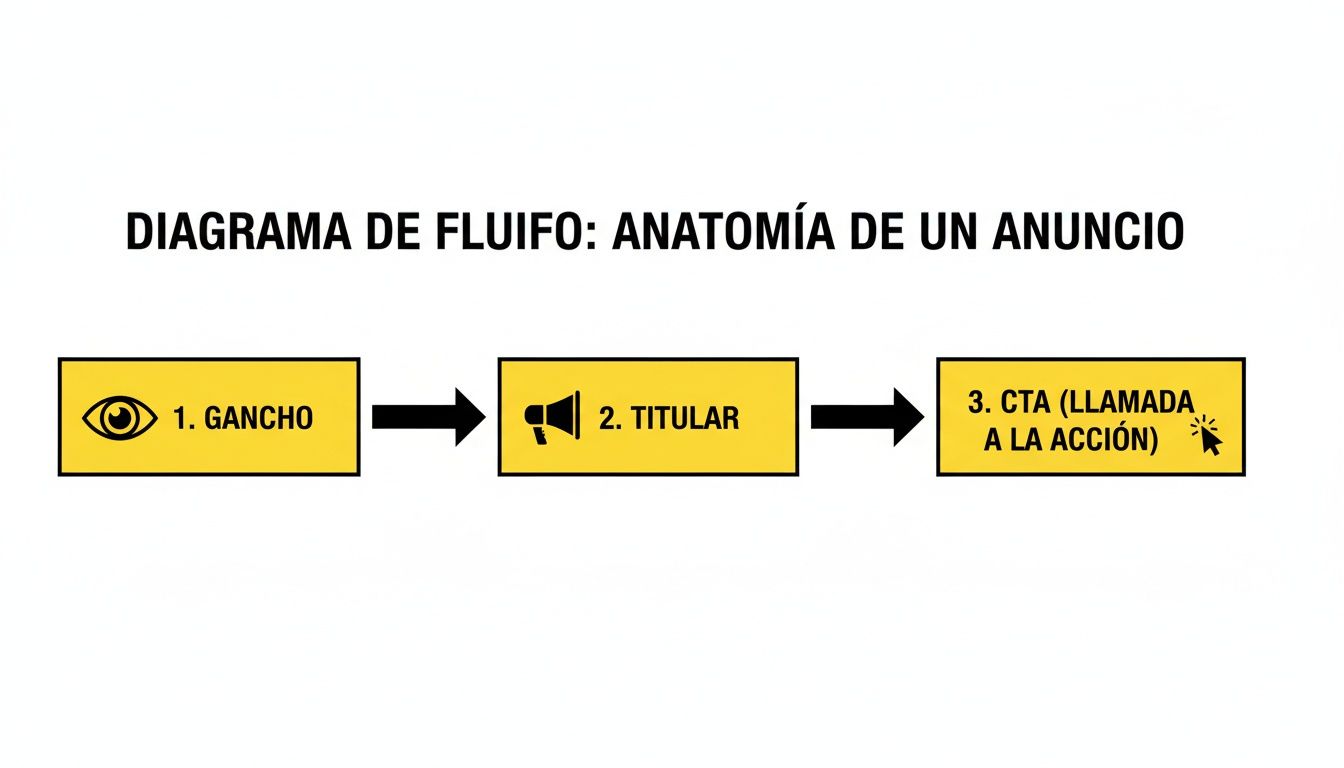 Diagrama de flujo que muestra la anatomía de un anuncio en tres pasos: gancho, titular y llamada a la acción.