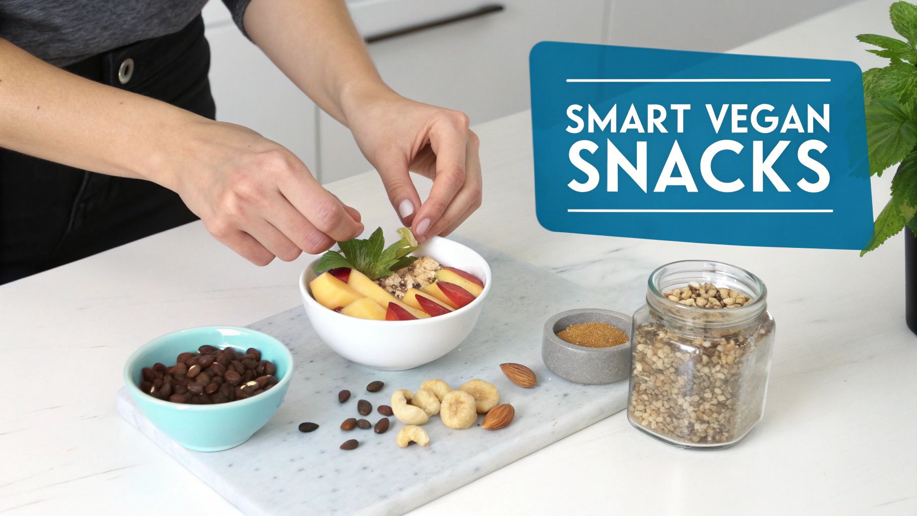 Close-up of a person holding a piece of Louisville Vegan Jerky with a blurred background of a hiking trail.