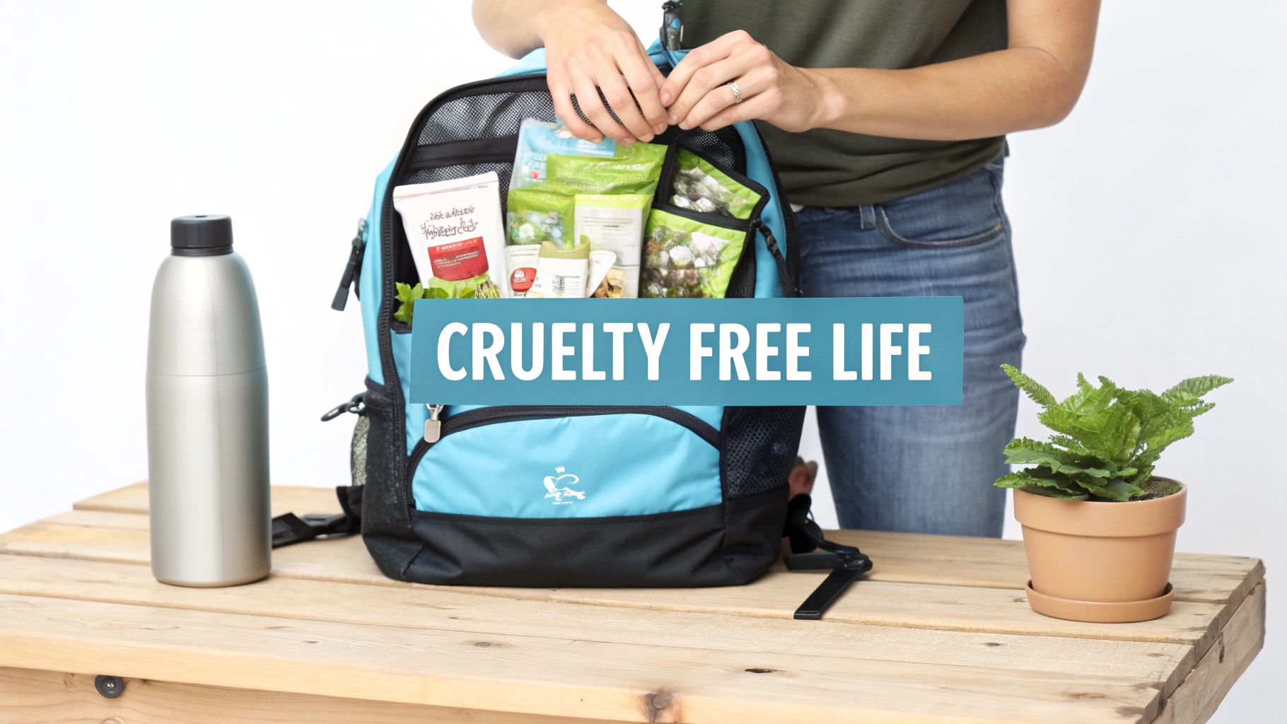 A person packing a blue backpack with various cruelty-free products on a wooden table, emphasizing a cruelty-free lifestyle.