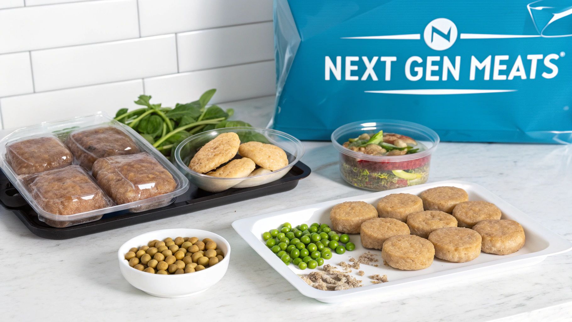 Next Gen Meats vegan products: patties, nuggets, and ingredients like peas and spinach on a counter.