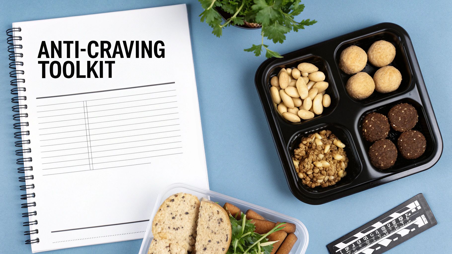 A flat lay of an 'Anti-Craving Toolkit' notebook and various healthy snacks in meal prep containers on a blue background.