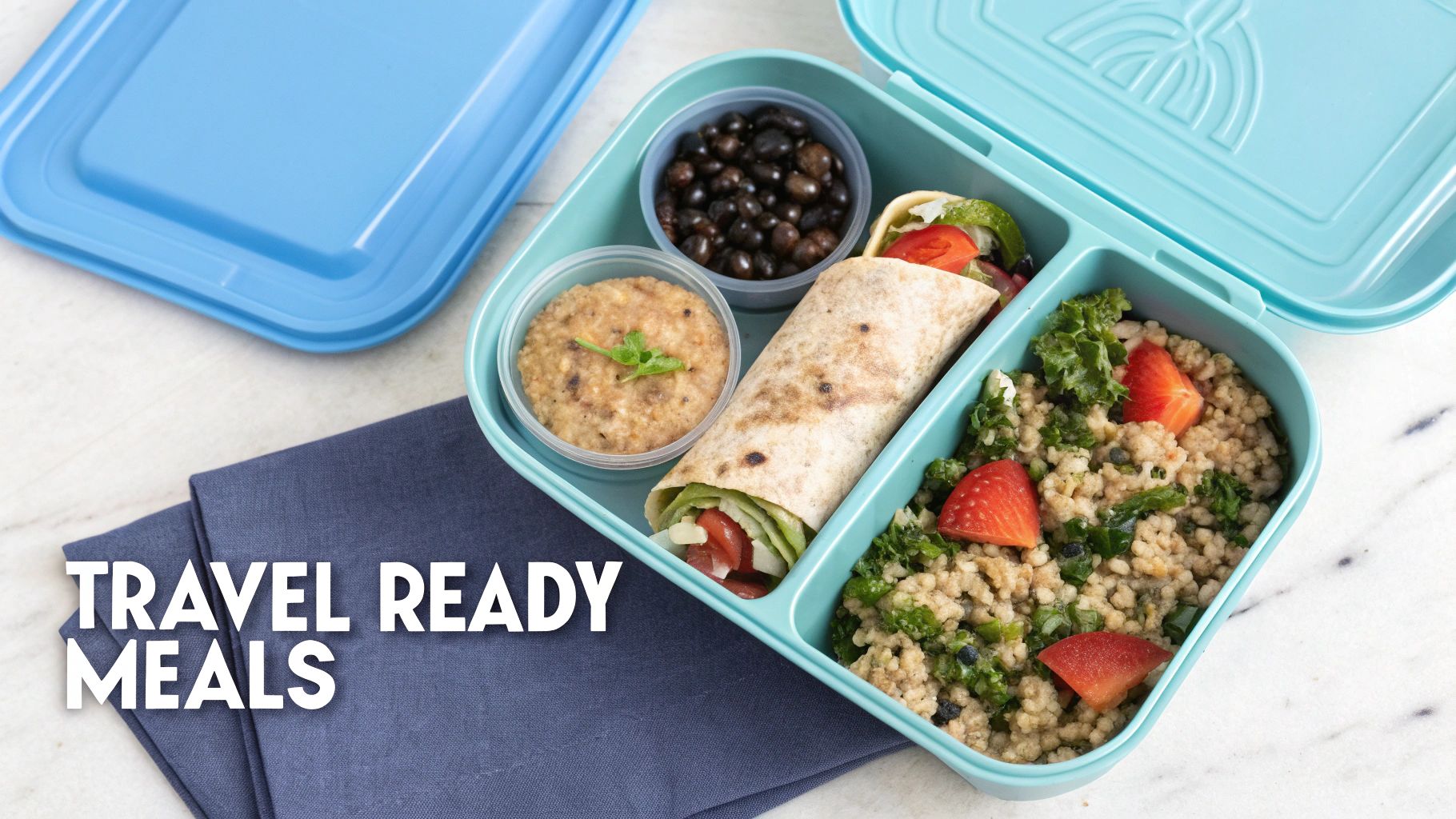 A blue bento box filled with a delicious, travel-ready vegan lunch, including a wrap, grain salad, black beans, and a dip.